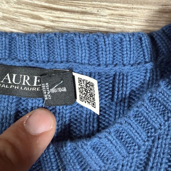 Lauren Ralph Lauren Sweater XXL Blue Cable-Knit Cotton Crewneck Puff Sleeve NWT - Picture 7 of 12